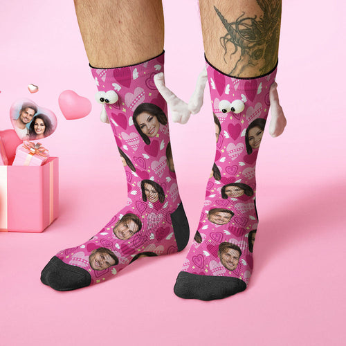 Custom Face Socks Funny Doll Mid Tube Socks Magnetic Holding Hands Socks Pink Heart Valentine's Day Gifts - FaceSocksUSA
