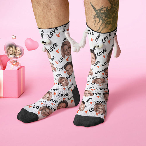 Custom Face Socks Funny Doll Mid Tube Socks Magnetic Holding Hands Socks Love Valentine's Day Gifts - FaceSocksUSA