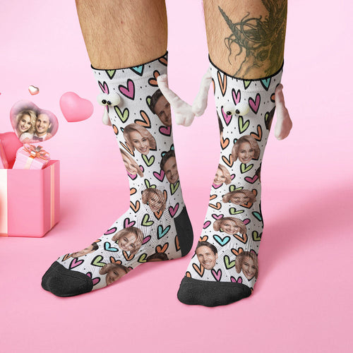 Custom Face Socks Funny Doll Mid Tube Socks Magnetic Holding Hands Socks Colorful Hearts Valentine's Day Gifts - FaceSocksUSA