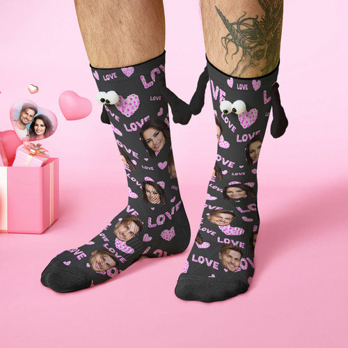 Custom Face Socks Funny Doll Mid Tube Black Socks Magnetic Holding Hands Socks Pink Love Valentine's Day Gifts - FaceSocksUSA