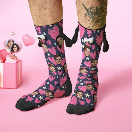 Custom Face Socks Funny Doll Mid Tube Socks Magnetic Holding Hands Socks Happy Valentine's Day - FaceSocksUSA