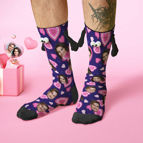 Custom Face Socks Funny Doll Mid Tube Purple Socks Magnetic Holding Hands Socks Pink Heart Valentine's Day Gifts - FaceSocksUSA