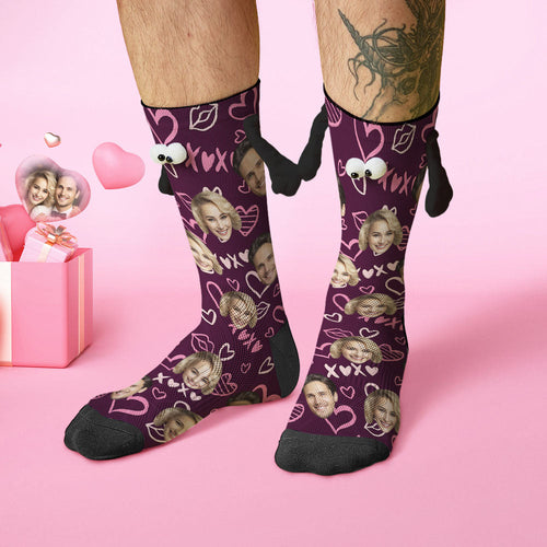 Custom Face Socks Funny Doll Mid Tube Socks Magnetic Holding Hands Socks XOXO Valentine's Day Gifts - FaceSocksUSA