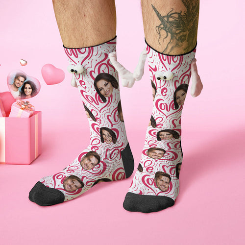 Custom Face Socks Funny Doll Mid Tube Socks Magnetic Holding Hands Socks Love Heart Valentine's Day Gifts - FaceSocksUSA