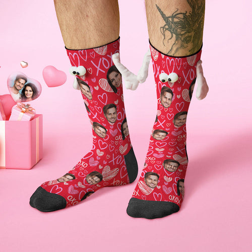Custom Face Socks Funny Doll Mid Tube Red Socks Magnetic Holding Hands Socks XOXO Valentine's Day Gifts - FaceSocksUSA
