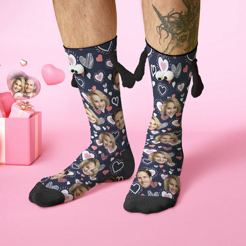 Custom Face Socks Funny Doll Mid Tube Socks Magnetic Holding Hands Socks Valentine's Day Gifts - FaceSocksUSA