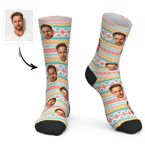 Custom Face Socks Personalized Photo Socks Christmas Gift Santa Socks - Snowflake Pattern