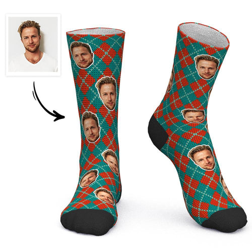 Custom Face Socks Personalized Photo Socks Christmas Gift Santa Socks - Lattice Pattern