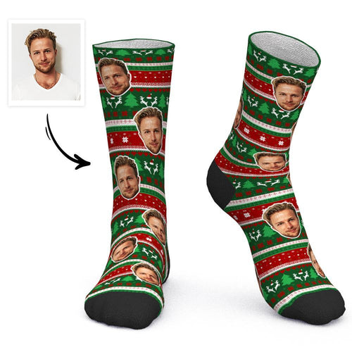 Custom Face Socks Personalized Photo Socks Christmas Gift Santa Socks - Green and Red