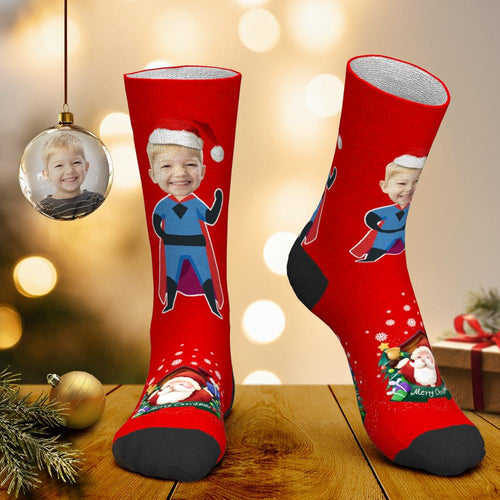 Custom Face Socks Personalized Photo Socks Santa Socks Christmas Gift - Christmas Superman