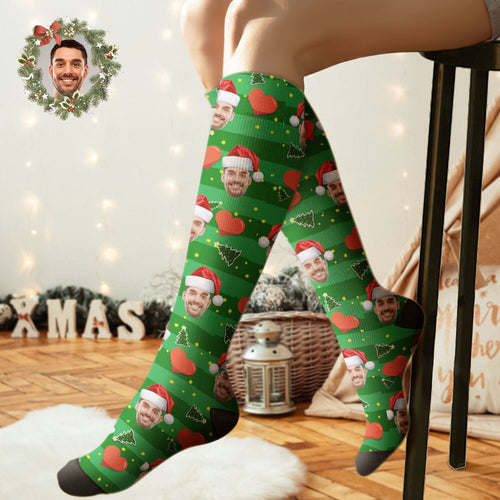 Custom Knee High Socks Personalized Face Christmas Socks Red Love