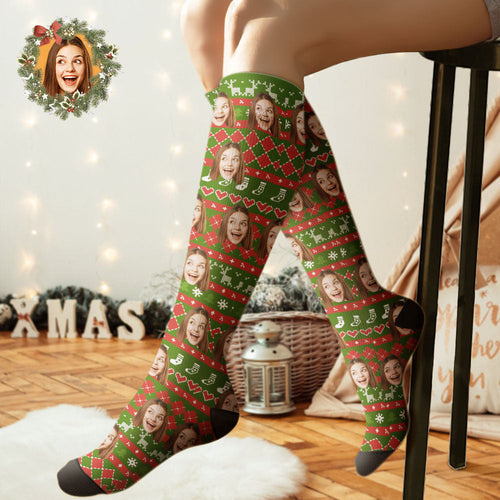 Custom Knee High Socks Personalized Face Christmas Socks Special Lines Add Pictrues