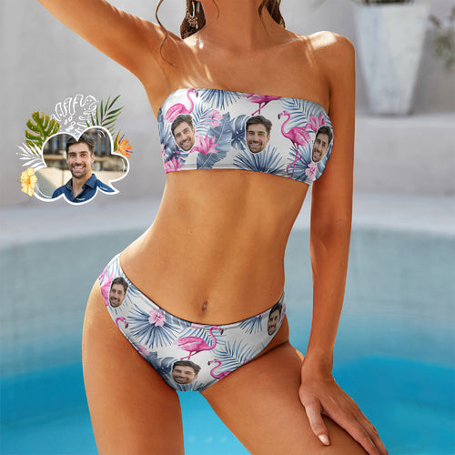 Custom Face Bikini swimming costume Bandeaukini Gift For Her - FLAMINGO