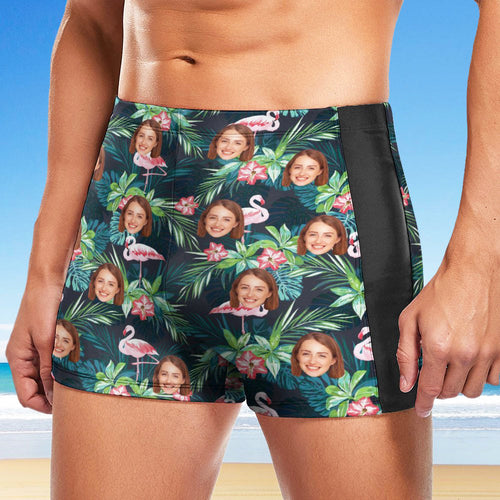 Custom Men's Swim Boxer Shorts, Hawaiian Face Swim Trunks, Peseronalized Swim Briefs - Flamingo