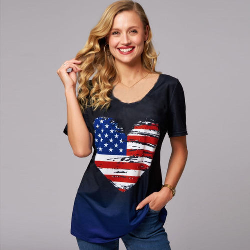 Independence Day American Flag Short Sleeve Women T-Shirt 4th of July - Black