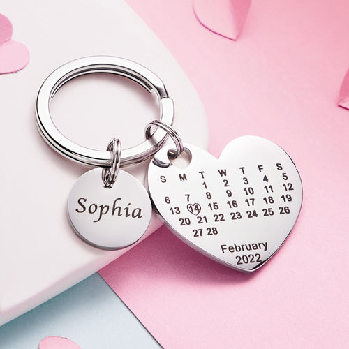 Custom Engraved Heart Calendar Keychain Save The Date Keychain Valentine's Day Gift