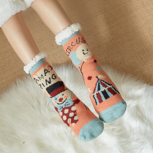 Christmas Socks Plush Coral Fleece Winter Home Floor Socks Orange Pink Slipper Socks - Snowman