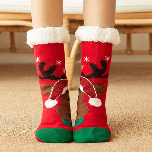 Christmas Socks Plush Coral Fleece Winter Home Floor Socks Red Slipper Socks - Deer