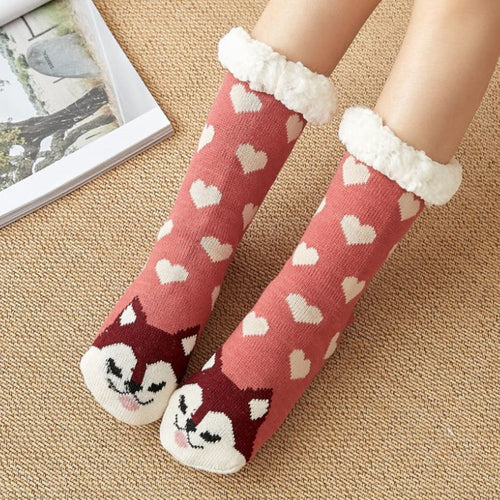 Christmas Socks Plush Coral Fleece Winter Home Floor Socks Pink Slipper Socks - Loving Puppy
