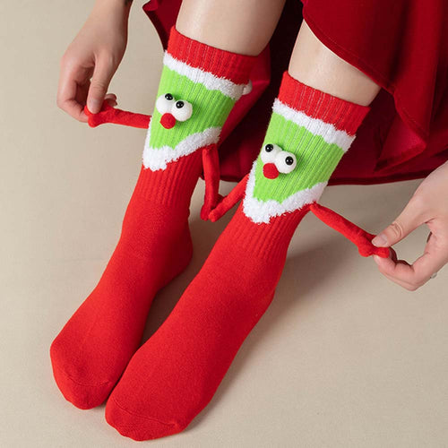 Funny Santa Claus Doll Women's Mid Tube Socks Magnetic Holding Hands Socks Christmas Gifts