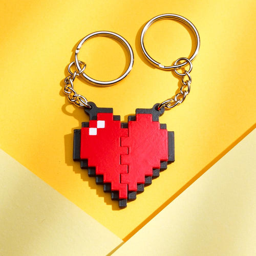 Couple Heart Shape Keychain Black and Red Pixel Block Keychain Anniversary Gift