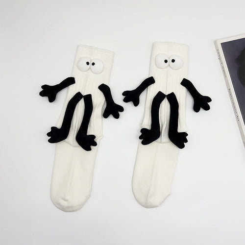 Funny Doll Mid Tube Socks Holding Hand Socks White Behind Gifts for Couple