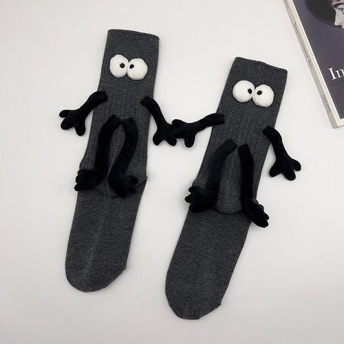 Funny Doll Mid Tube Socks Holding Hand Socks Dark Grey Behind Gifts for Couple