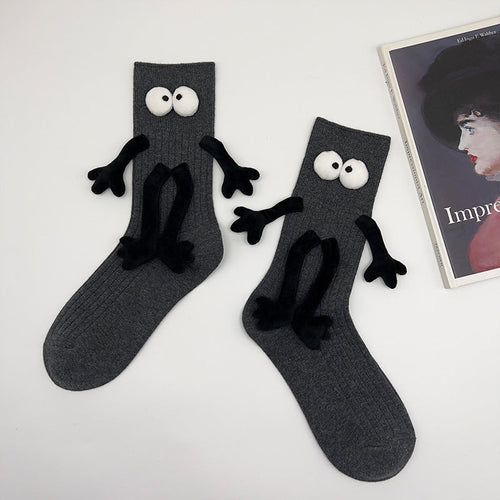 Funny Doll Mid Tube Socks Holding Hand Socks Dark Grey Beside Gifts for Couple