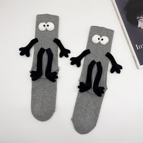 Funny Doll Mid Tube Socks Holding Hand Socks Light Grey Behind Gifts for Couple