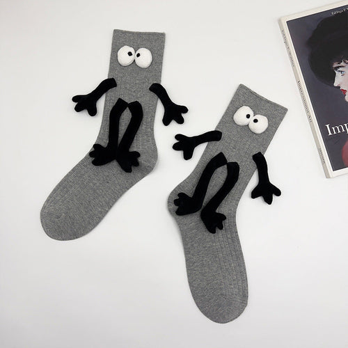 Funny Doll Mid Tube Socks Holding Hand Socks Light Grey Beside Gifts for Couple
