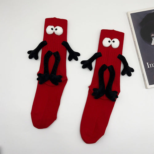 Funny Doll Mid Tube Socks Holding Hand Socks Red Behind Gifts for Couple