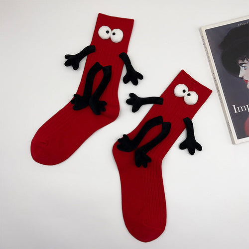 Funny Doll Mid Tube Socks Holding Hand Socks Red Beside Gifts for Couple