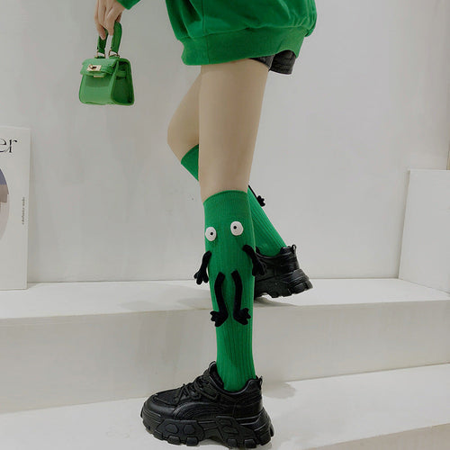 Funny Doll Knee High Socks Holding Hand Socks Gifts for Couple Green Beside