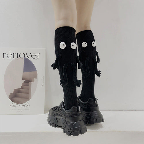 Funny Doll Knee High Socks Holding Hand Socks Gifts for Couple Black Behind